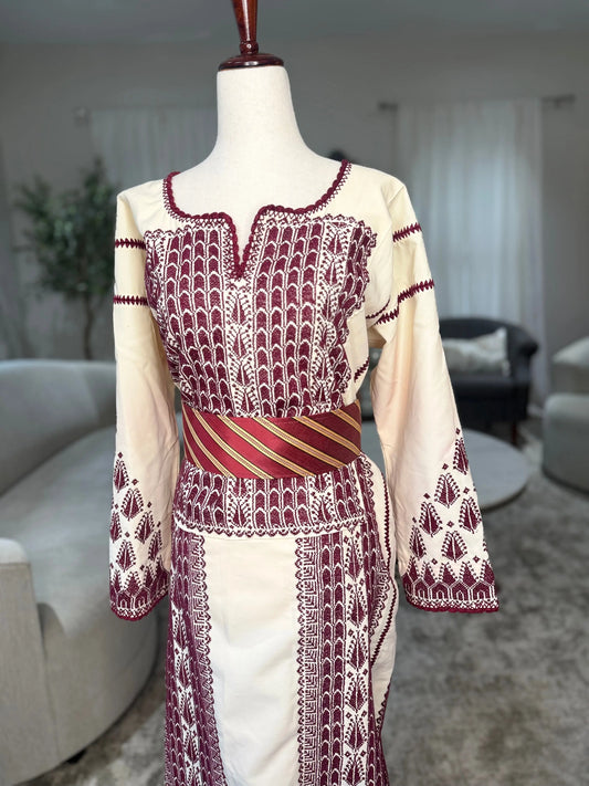 Cream and Burgandy Thoub Zunnar Sitty