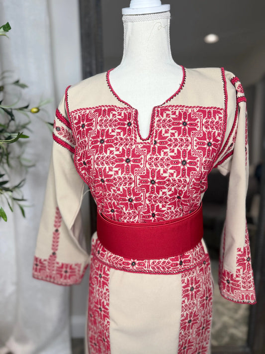 Beige and Red Thoub Zunnar Sitty
