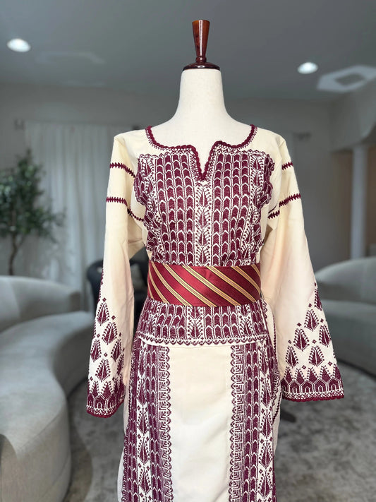 Cream and Burgandy Thoub Zunnar Sitty