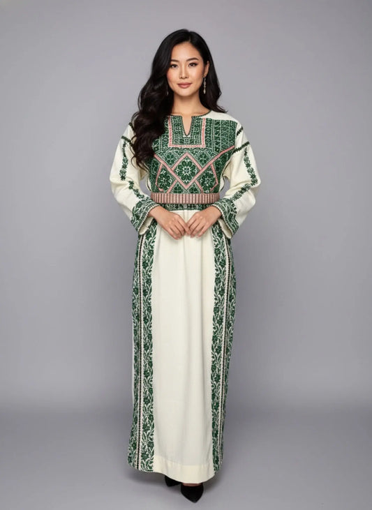 Green and Cream Thoub Zunnar Sitty