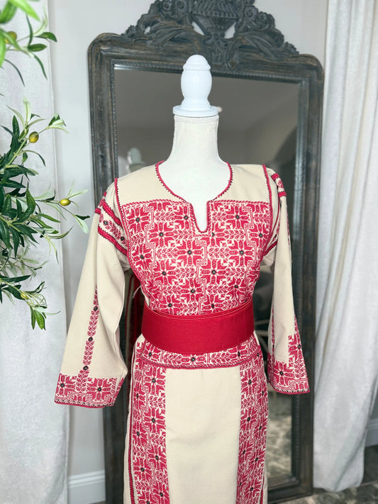 Beige and Red Thoub Zunnar Sitty
